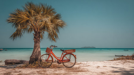 A picturesque beach scene captures a vintage bicycle parked beside a tall palm tree, with serene turquoise waters and a clear blue sky in the background.の素材