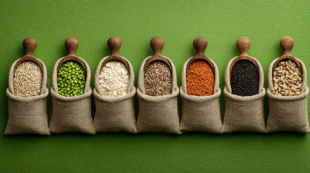A colorful arrangement of various grains and legumes displayed in burlap sacks on a vibrant green surface, showcasing healthy eating and nutrition.の素材