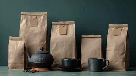 A charming still-life scene showcasing brown paper bags, a teapot, and cups against a dark green background. Perfect for cozy beverage themes.の素材