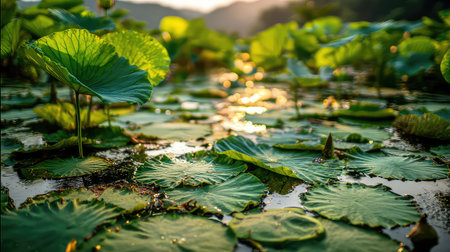 The image captures lush green lotus leaves floating on calm water during a breathtaking sunset. The scene evokes tranquility and natural beauty.の素材