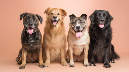 This heartwarming image features four dogs sitting side by side, each showcasing joyful expressions and distinctive breeds, perfect for animal lovers.の素材