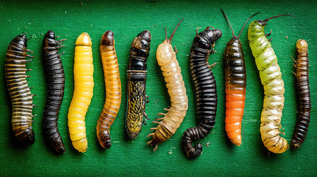 This striking image showcases various caterpillars arranged on a bright green background, emphasizing their diversity and unique features for educational purposes.の素材