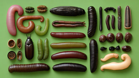 A vibrant collection of invertebrates displayed on a green background. Featuring diverse shapes, colors, and textures, this image illustrates the beauty of natureの素材