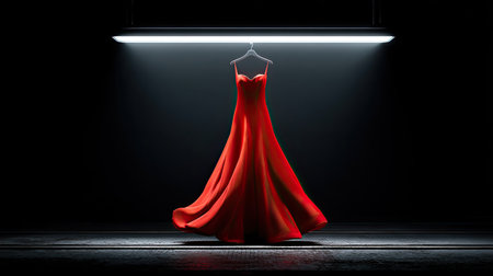 A stunning red dress elegantly displayed under a gentle spotlight in a minimalist fashion studio. This image captures the essence of style and beauty.の素材