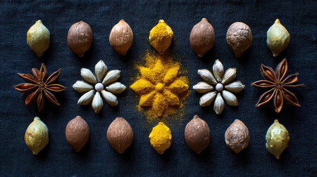 A stunning arrangement of various spices and seeds on a dark surface, highlighting the vibrant colors and natural textures of culinary ingredients ideal for food photography.の素材
