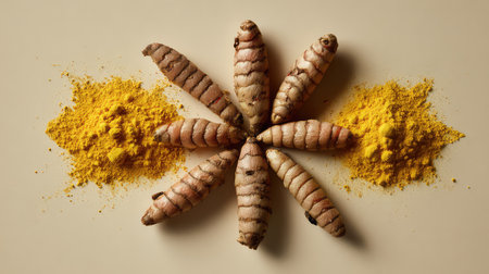 A stunning arrangement of fresh turmeric roots surrounding vibrant ground turmeric powder, showcasing the spice's culinary uses and health benefits.の素材