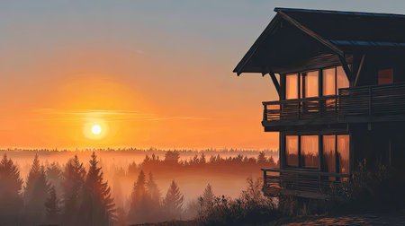 Experience a serene sunset view featuring a modern cabin amidst a foggy forest, capturing warm golden hues against a tranquil sky.の素材