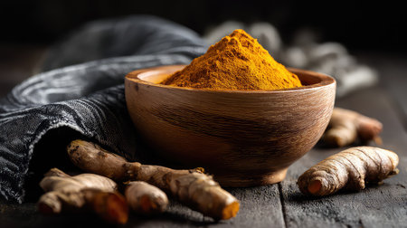 A stunning display of vibrant yellow turmeric powder rests in a wooden bowl, complemented by fresh turmeric roots, showcasing natural beauty and culinary uses.の素材