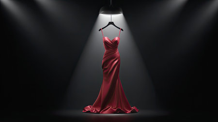 Stunning red evening gown gracefully displayed under focused lighting, highlighting its luxurious fabric and elegant design, perfect for fashion showcases.の素材