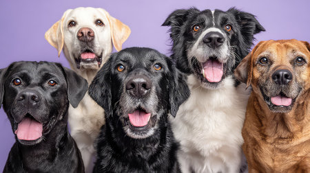 A delightful portrait of five happy dogs showcasing their playful nature and expressive faces against a vibrant purple background. Perfect for pet lovers.の素材