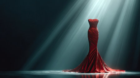 A stunning red evening dress elegantly showcased in a dark studio, with soft lighting highlighting its luxurious fabric and silhouette, perfect for fashion photography.の素材