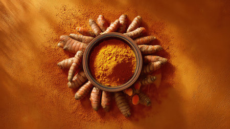 A visually striking arrangement featuring fresh turmeric roots and vibrant ground turmeric powder in a bowl, set against an orange backdrop, perfect for culinary and health-related themes.の素材