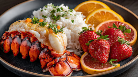 A beautifully arranged plate featuring a portion of lobster tail, fluffy rice, and vibrant citrus fruits, perfect for gourmet dining or special occasions.の素材
