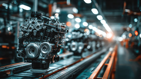 High-quality image of an industrial engine component prominently displayed in a factory setting, showcasing intricate mechanical details and vibrant lighting effects.の素材