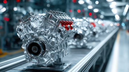 A close-up view of shiny modern engine assemblies positioned on a production line in an automotive manufacturing facility, showcasing industrial technology and precision engineering.の素材