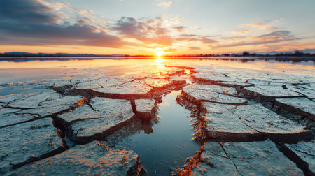 A breathtaking view of a cracked earth landscape during sunset. The vibrant colors of the sunset reflect in the calm water, creating a serene atmosphere.の素材