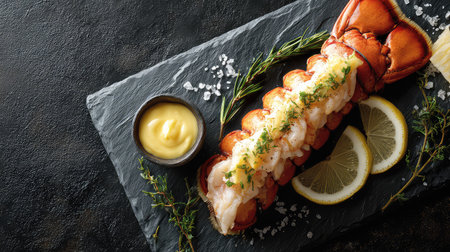 An exquisite lobster tail is served beautifully on a dark slate plate, accompanied by lemon slices, herbed butter, and sea salt, perfect for gourmet dining.の素材