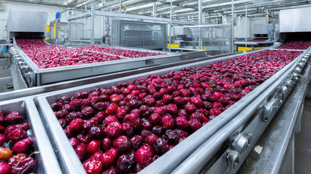 A vivid display of freshly harvested plums moving along a modern production line in a food processing facility, showcasing agricultural efficiency and quality.の素材
