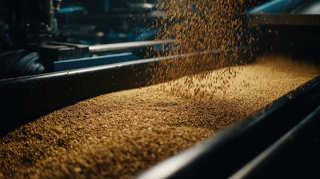 A close-up view of golden grains flowing steadily along a conveyor belt in a modern factory. Bright industrial lighting enhances the dynamic scene.の素材