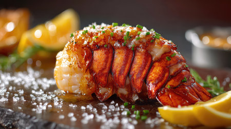 A beautifully presented grilled lobster tail garnished with fresh herbs and lemon wedges, resting on a rustic wooden board, showcasing gourmet cooking at its finest.の素材