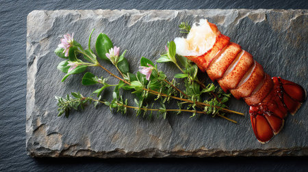 A beautifully arranged lobster tail on a dark slate board surrounded by fresh herbs and colorful flowers, perfect for culinary decoration and gourmet dishes.の素材