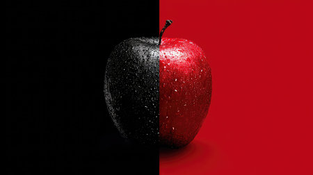 A visually striking apple split between black and red, adorned with water drops, showcasing a dramatic contrast perfect for creative projects.の素材