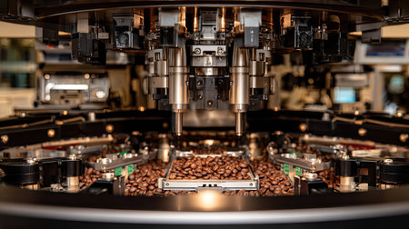 A close-up view of advanced coffee processing machinery highlighting a tray full of fresh coffee beans, showcasing the precision and innovation in coffee production.の素材