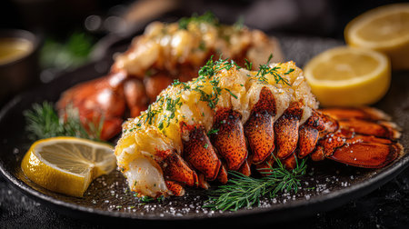 A beautifully plated lobster tail garnished with fresh herbs and lemon slices, perfect for a gourmet dining experience or special occasion.の素材
