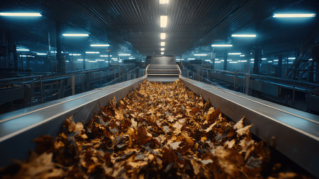 A detailed view of a conveyor belt transporting natural leaves within an industrial processing facility, showcasing the intersection of nature and technology.の素材