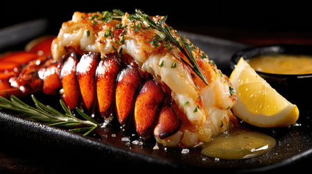 A mouthwatering grilled lobster tail garnished with herbs, served with a lemon wedge and dipping sauce on a stylish plate, showcasing culinary elegance.の素材