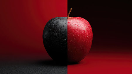 This striking image features a split apple, one side glossy black and the other brilliant red, adorned with water droplets, emphasizing its fresh appeal.の素材