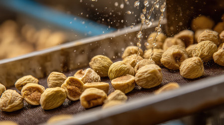 A close-up view of freshly processed nuts being cleaned with a high-pressure water spray in an industrial food processing facility, showcasing efficiency and hygiene.の素材