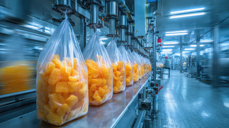 A vibrant scene showcasing freshly packaged orange slices in bags on a production line, illuminated by bright lights in a modern food processing factory.の素材