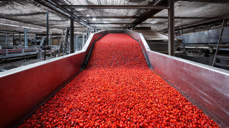 A dynamic scene showcasing vibrant red tomatoes cascading down a conveyor belt in a modern agricultural processing facility, emphasizing freshness and productivity.の素材
