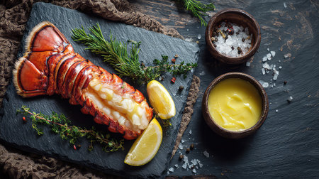 A beautifully presented lobster tail on a slate platter, garnished with lemon wedges and fresh herbs, perfect for capturing the essence of gourmet seafood dining.の素材