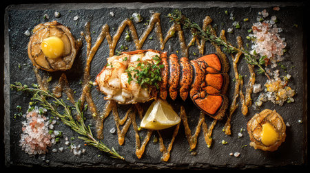 A stunning gourmet seafood dish that showcases a perfectly grilled lobster tail and seared scallops, beautifully styled on a black slate plate.の素材