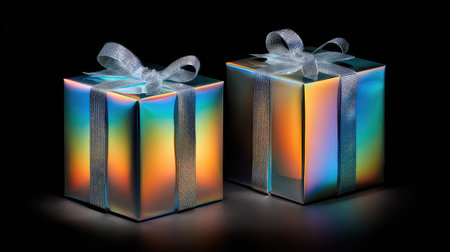 Two vibrant gift boxes with shimmering ribbons create an enchanting visual on a dark background. Perfect for holiday festivities and celebrations.の素材