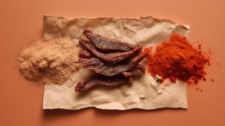 This image features dried meat strips alongside a variety of spices on a brown paper background. Ideal for culinary inspiration, it showcases the texture, flavor, and potential of dried meats in cooking.の素材