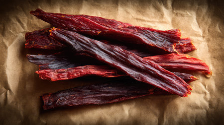 A collection of dried beef jerky sticks displayed on a rustic brown paper surface, perfect for showcasing savory snacks or gourmet food options for nutrition-focused imagery.の素材
