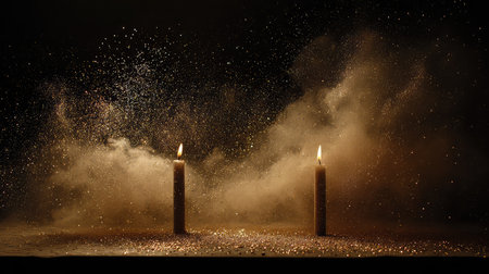 Two lit candles create a warm and enchanting glow, embraced by swirling particles and smoke, evoking feelings of peace and serenity in a dark setting.の素材