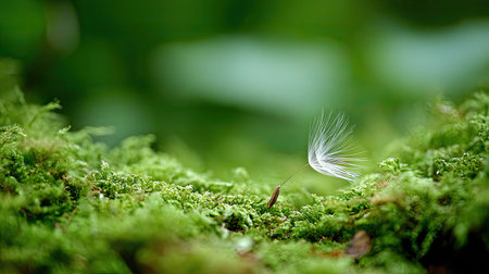 An ethereal seed hovers above vibrant green moss, beautifully illustrating the delicate balance of nature in a serene forest environment, inviting contemplation.の素材
