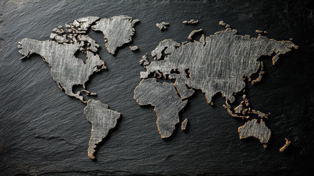 A beautifully crafted world map outline set on a rustic slate background, perfect for themes of travel, geography, and exploration. Ideal for creative projects.の素材