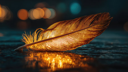 A stunning closeup image of a glimmering feather resting on a wet surface, illuminated by warm ambient light and blurred bokeh effects, creating a serene atmosphere.の素材