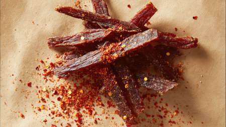 Discover a mouthwatering view of spicy jerky sticks adorned with red chili flakes, perfect for snacking or enhancing meals with robust flavors.の素材