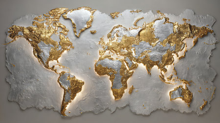 This stunning artistic depiction of a world map features intricate gold and silver textures, creating an elegant piece perfect for modern interiors.の素材
