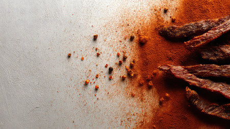 Close-up view of flavorful beef jerky surrounded by a sprinkle of chili powder and colorful spice on a textured surface, perfect for food photography.の素材