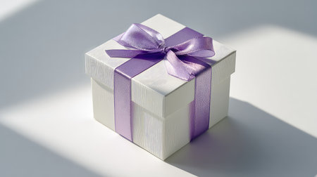 A beautifully wrapped white gift box tied with a stylish purple ribbon, perfect for special occasions and celebrations. Ideal for creating memorable moments.の素材