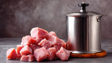 A close-up view of fresh meat cubes next to a stainless steel cooking pot, set on a dark textured surface, perfect for culinary inspiration and food preparation.の素材