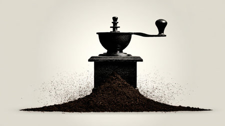 This image features a vintage manual coffee grinder surrounded by a mound of freshly ground coffee on a neutral background, perfect for culinary themes.の素材