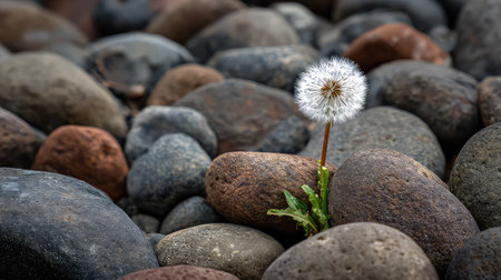 A stunning dandelion flower stands proudly among smooth rocks, showcasing nature's beauty and resilience. The delicate bloom contrasts beautifully with the earthy tones of the stones, creating a serene and peaceful composition. Perfect for nature enthusiasts and photography lovers alike.の素材